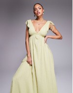 textured deep V trapeze midi dress in sage