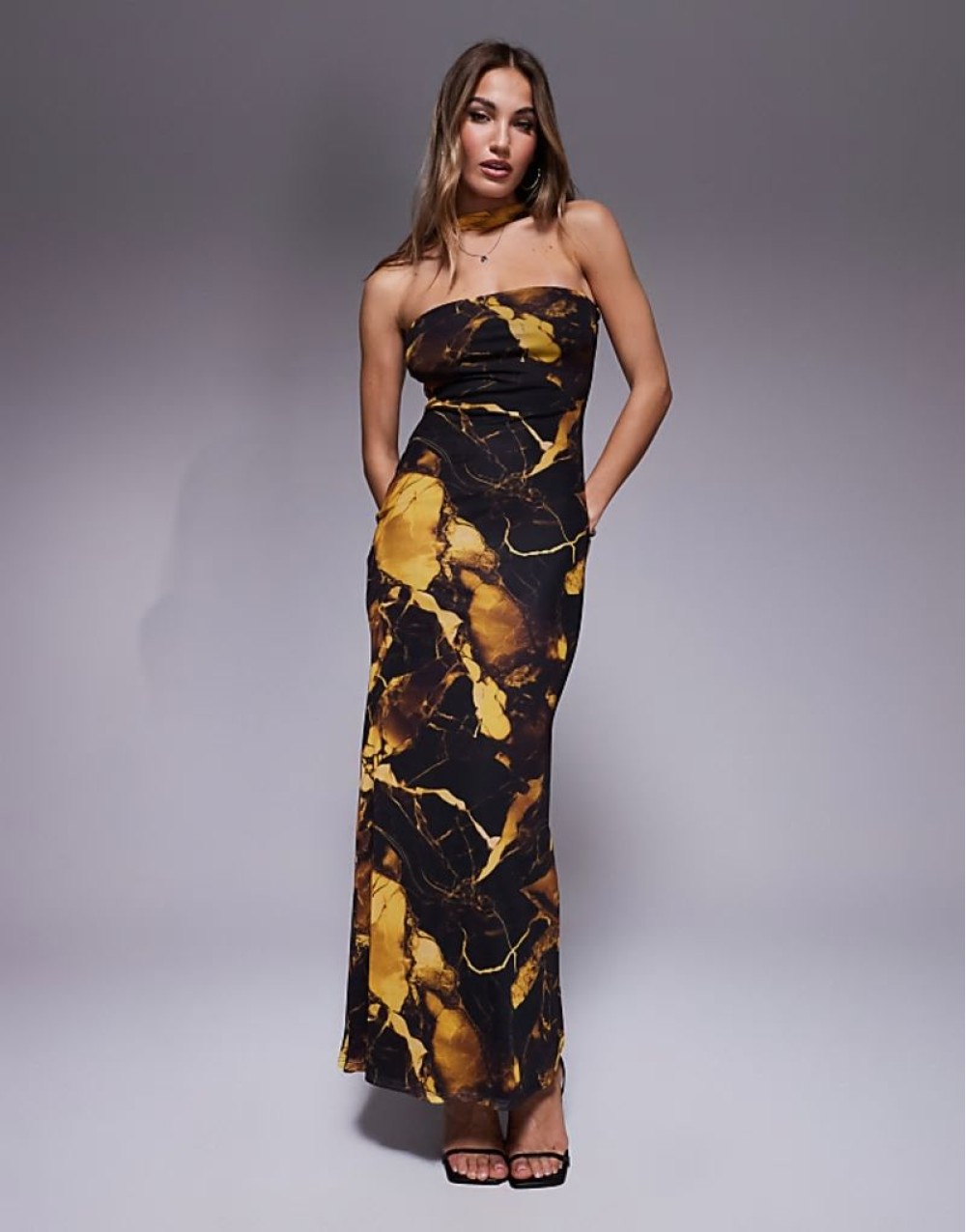mesh bandeau maxi dress with neck tie detail in yellow marble print