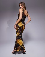 mesh bandeau maxi dress with neck tie detail in yellow marble print
