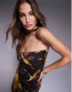 mesh bandeau maxi dress with neck tie detail in yellow marble print