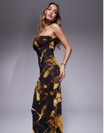 mesh bandeau maxi dress with neck tie detail in yellow marble print