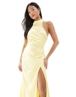 Bridesmaid satin high neck maxi dress with bow back in lemon
