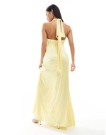Bridesmaid satin high neck maxi dress with bow back in lemon