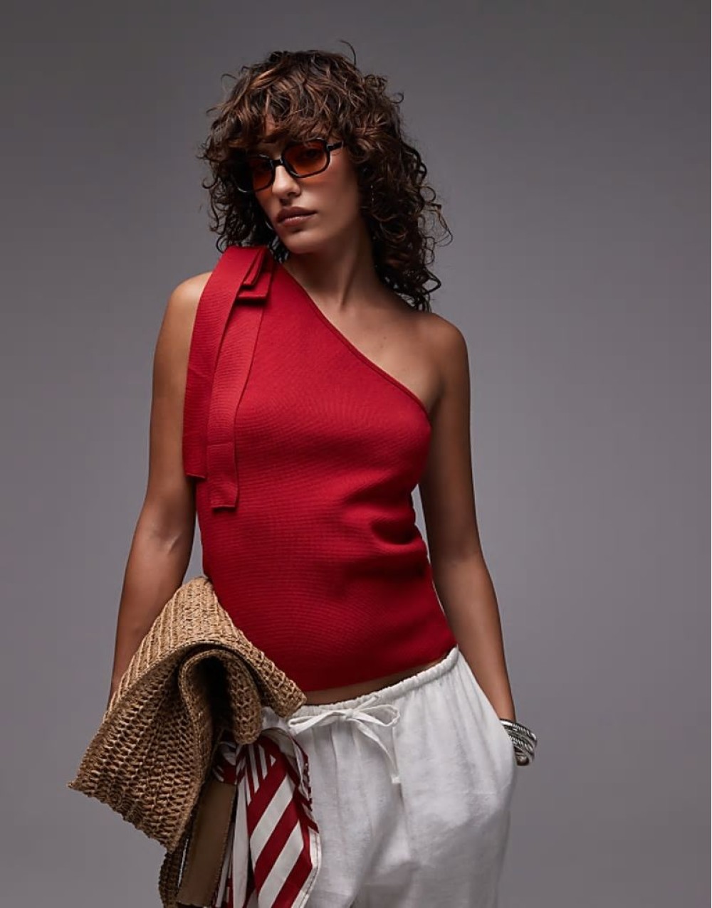 one shoulder tie knitted top in red