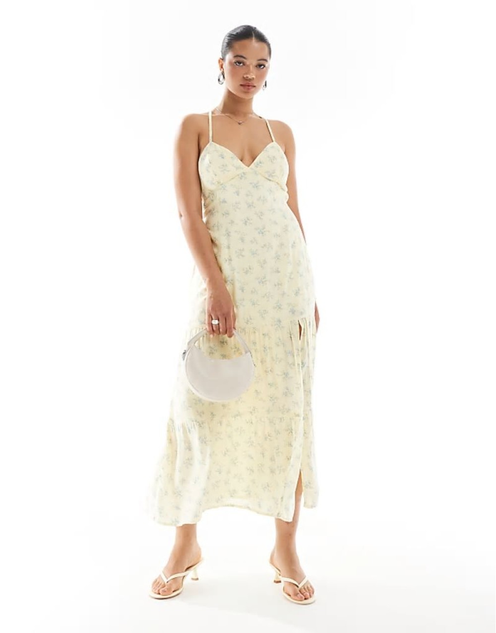 open back maxi dress with thigh split in yellow ditsy floral print