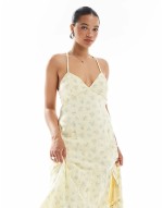 open back maxi dress with thigh split in yellow ditsy floral print