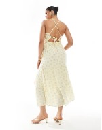 open back maxi dress with thigh split in yellow ditsy floral print