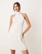 halterneck mini dress with bow back in white