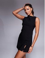 bengaline mini slash neck dress with bow detail in black