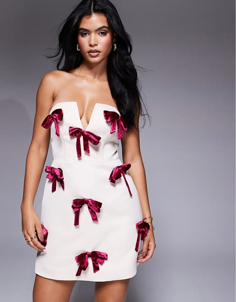 bandeau mini dress with Burgundy velvet bows in cream