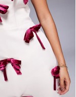 bandeau mini dress with Burgundy velvet bows in cream