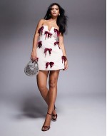 bandeau mini dress with Burgundy velvet bows in cream