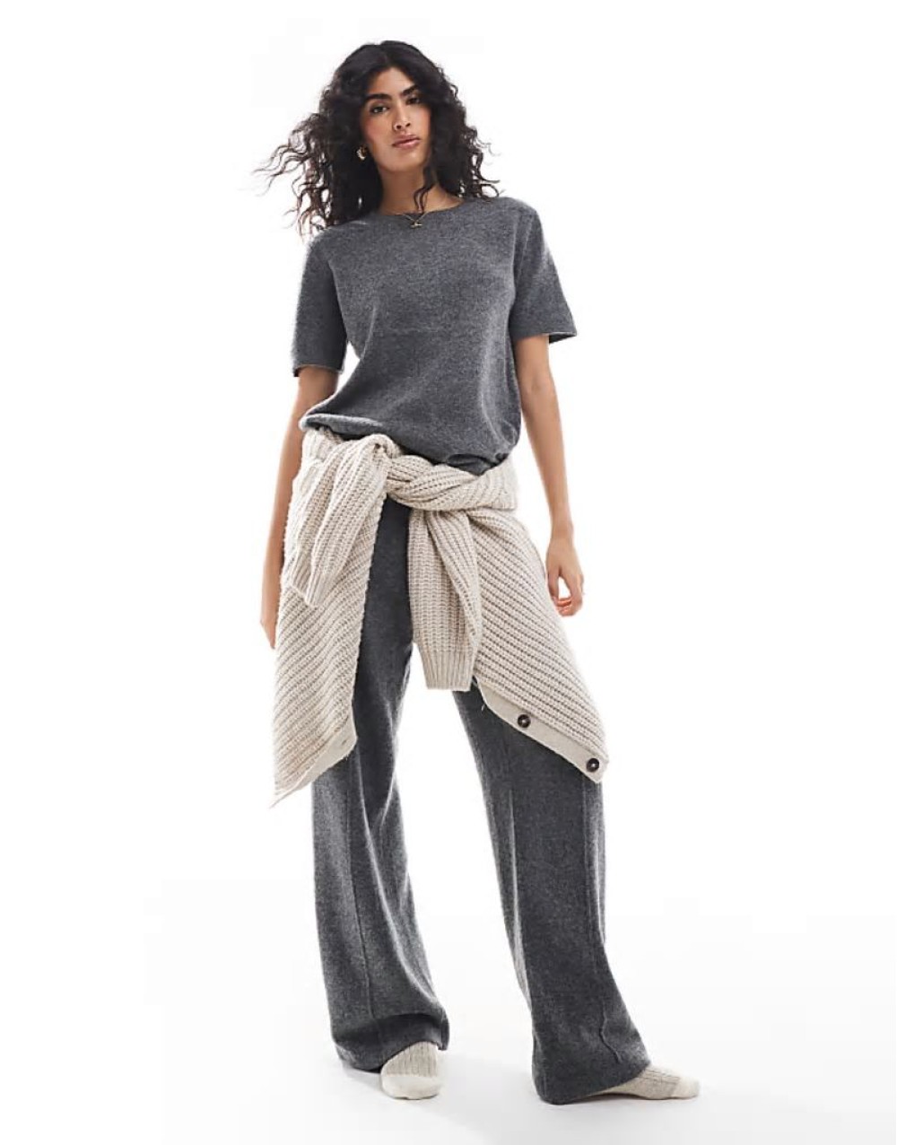 Lightweight mix & match cozy knitted set in dark grey melange