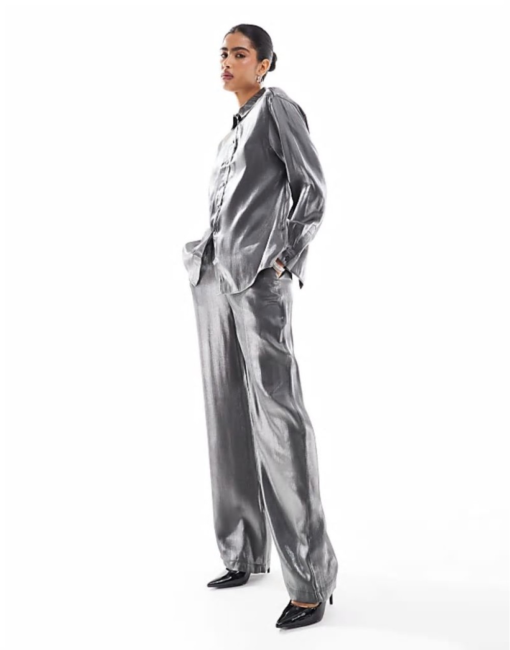 oversized shirt and trouser co-ord in metallic grey