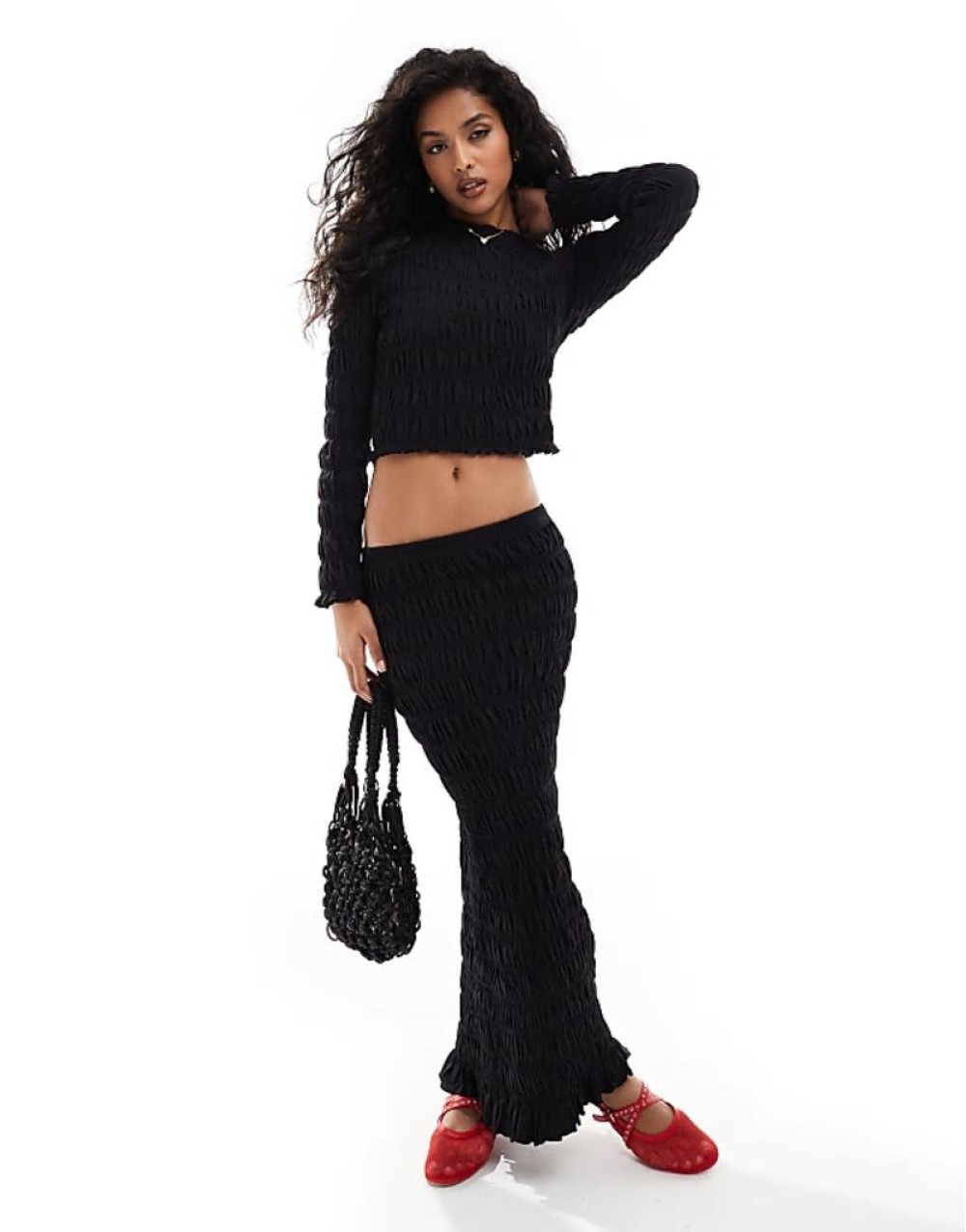 Premium shirred long sve top and skirt co ord in black
