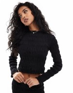 Premium shirred long sve top and skirt co ord in black