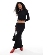 Premium shirred long sve top and skirt co ord in black